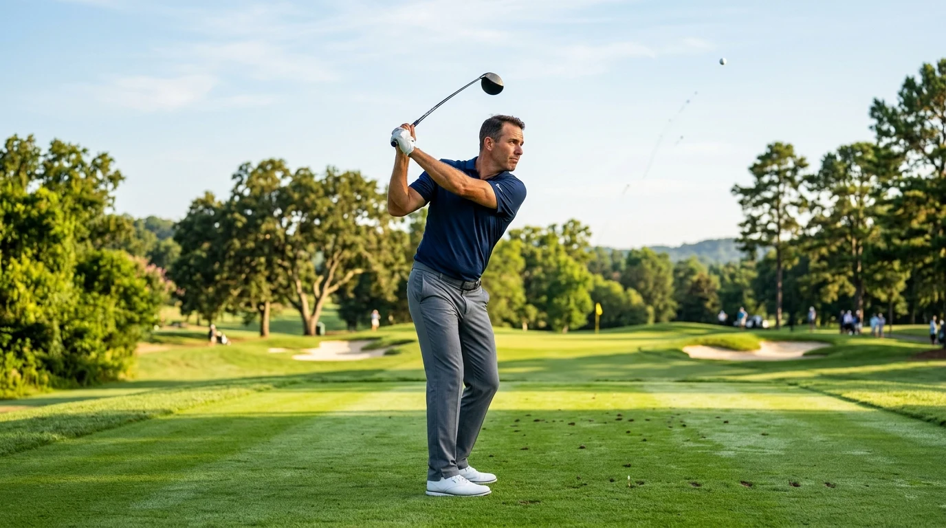 Golfer demonstrating gravity centered golf swing balance (AI Generated Image)