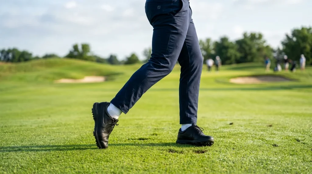Golfer lifting lead heel off the turf during backswing (AI Generated Image)