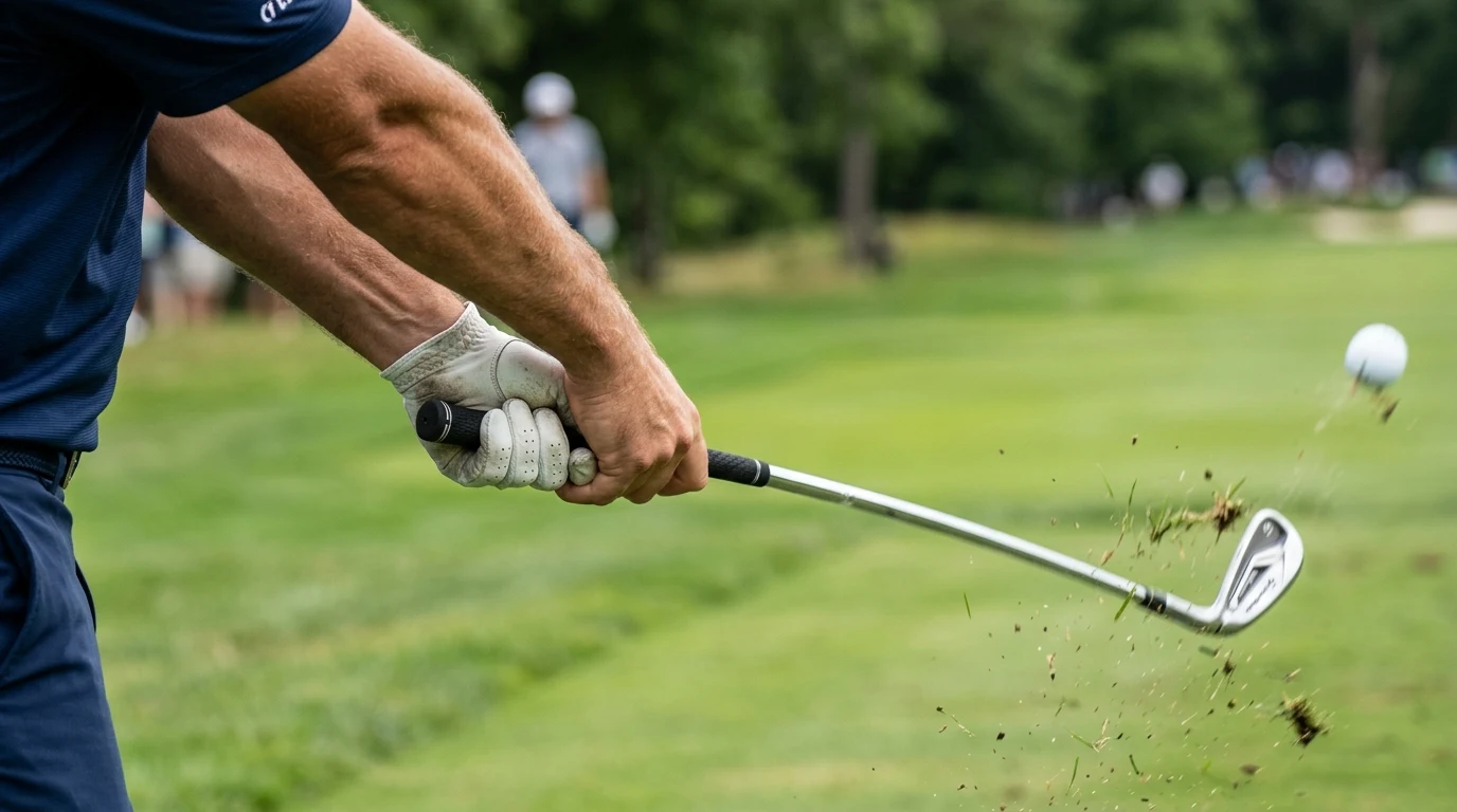 Golfer demonstrating active wrist action through impact (AI Generated Image)
