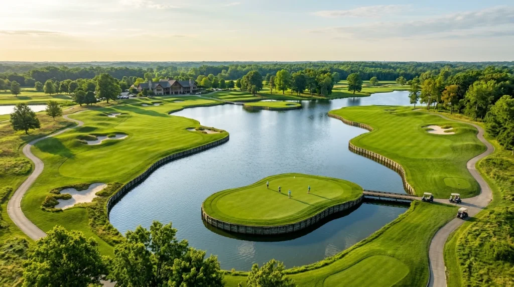 Aerial view of championship Indiana golf course (AI Generated Image)