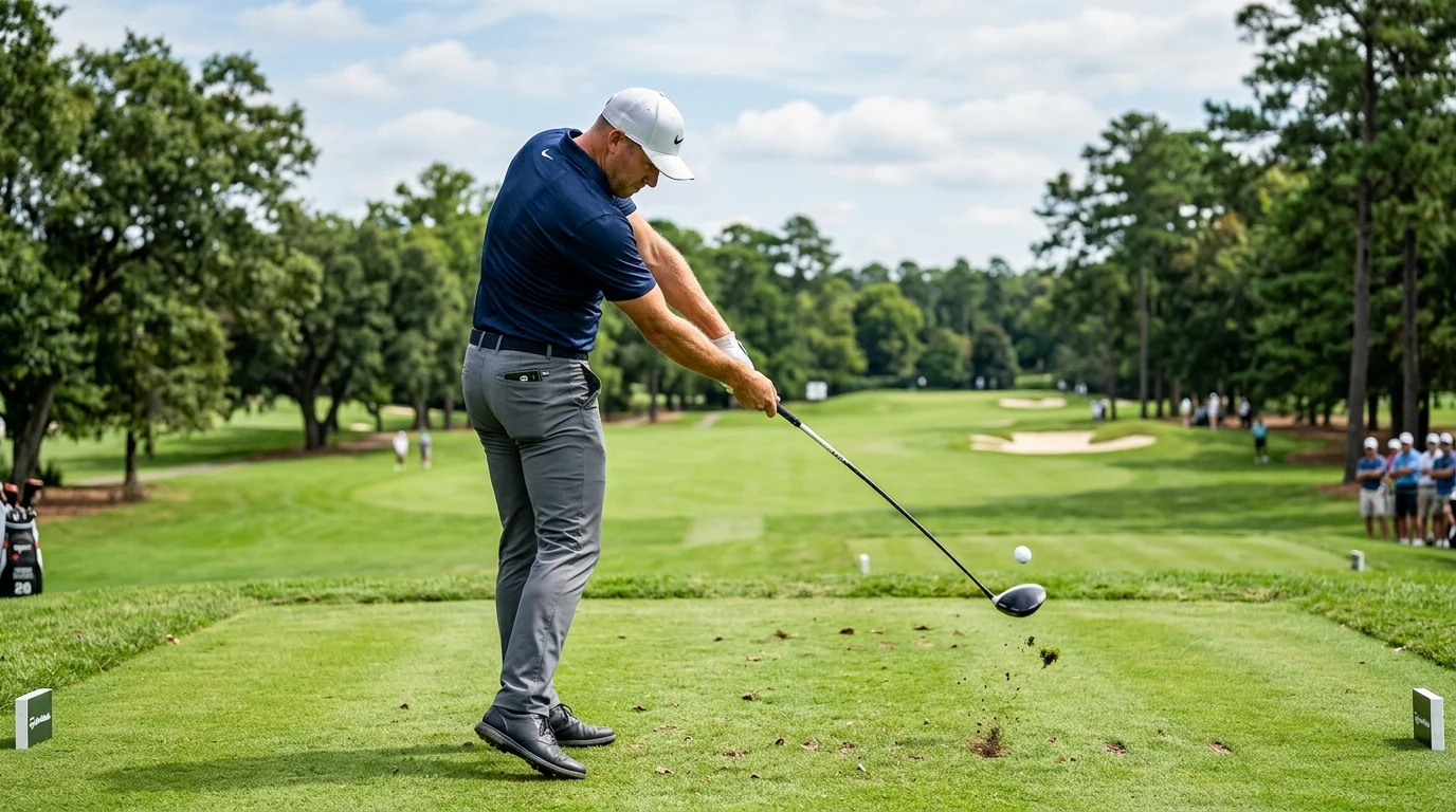 Golfer executing driver swing getting clubhead ahead of body (AI Generated Image)