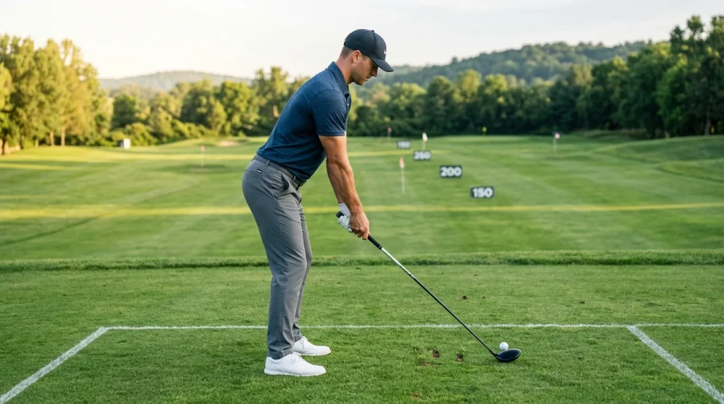 Golfer demonstrating spine angle and club shaft relationship at address (AI Generated Image)