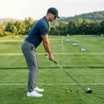 Golfer demonstrating spine angle and club shaft relationship at address (AI Generated Image)
